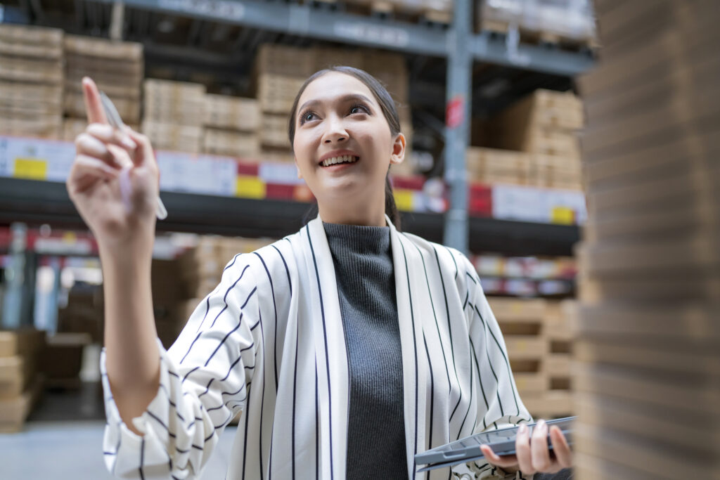 Beauty brand warehouse with organized cosmetic inventory and pallet storage