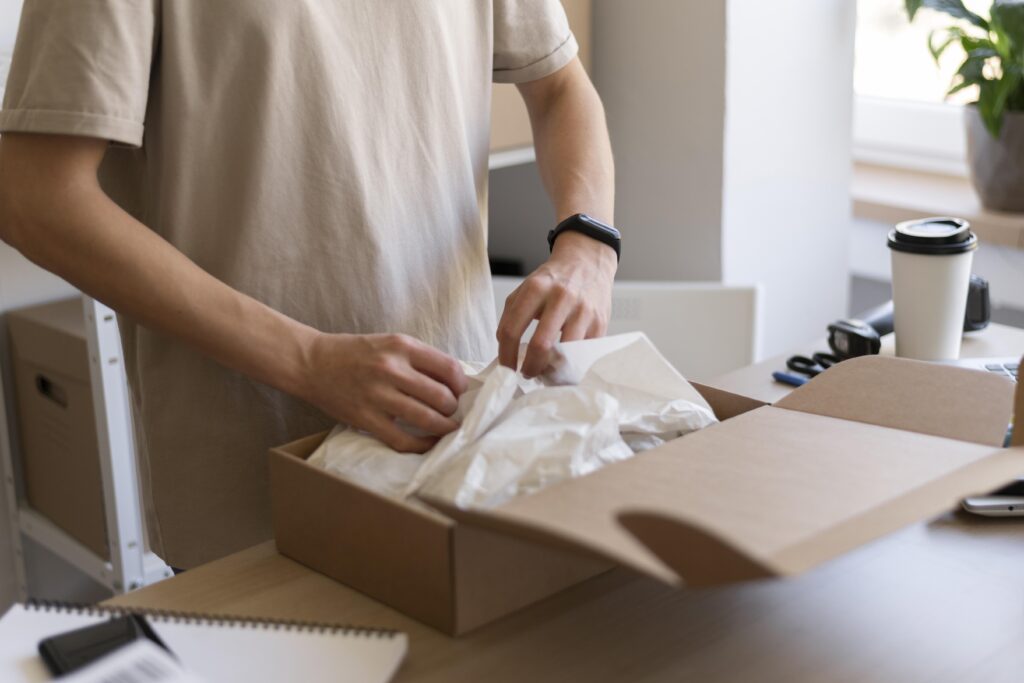 Hands packing subscription boxes at a Riverside CA fulfillment center for fast regional delivery