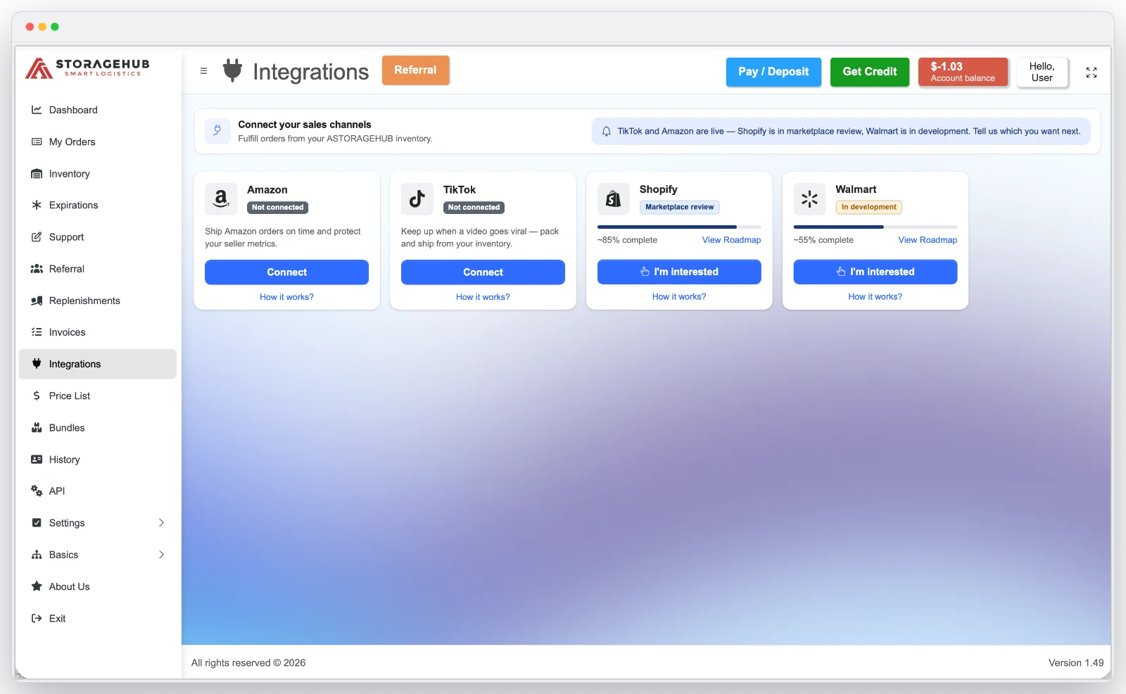 ASTORAGEHUB integrations screen for Amazon, TikTok Shop, Shopify, and Walmart