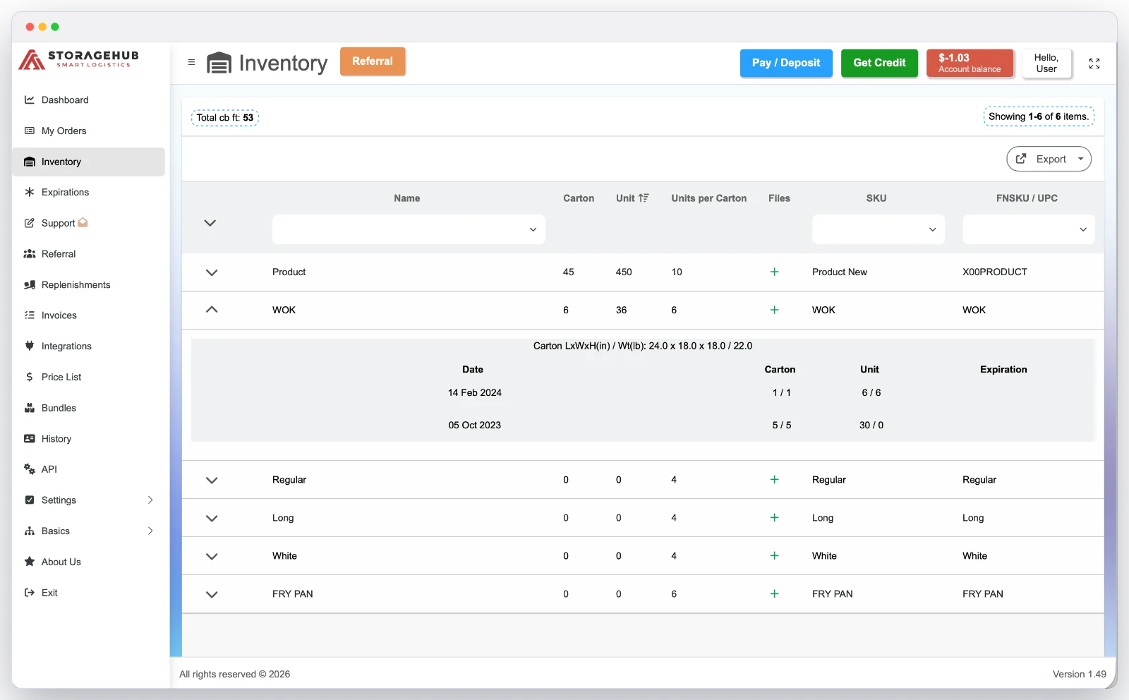 ASTORAGEHUB inventory view with SKU, carton, unit, received date, and storage information
