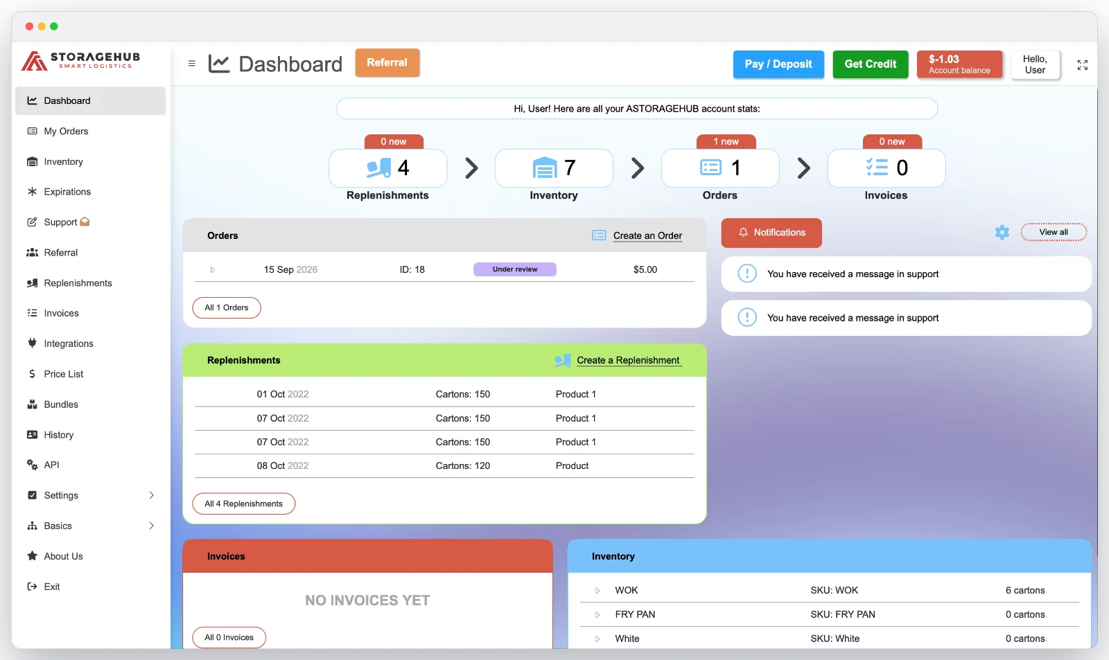 ASTORAGEHUB fulfillment dashboard showing replenishments, inventory, orders, and invoices