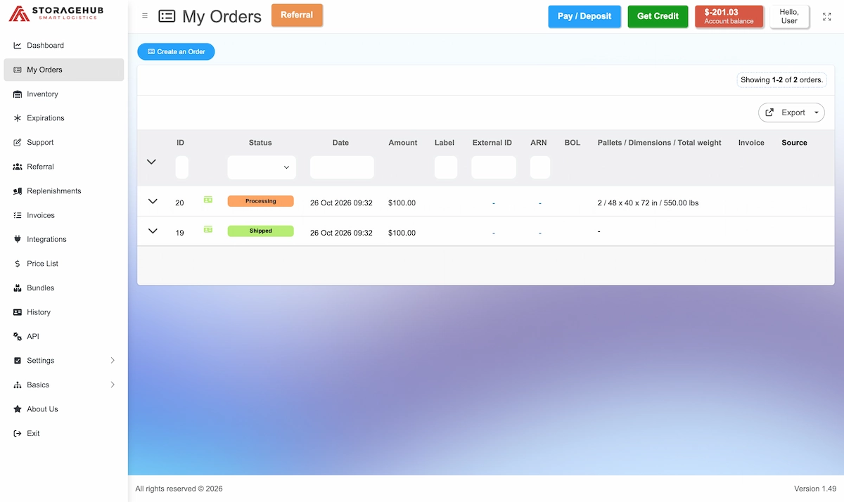 ASTORAGEHUB Platform — My Orders
